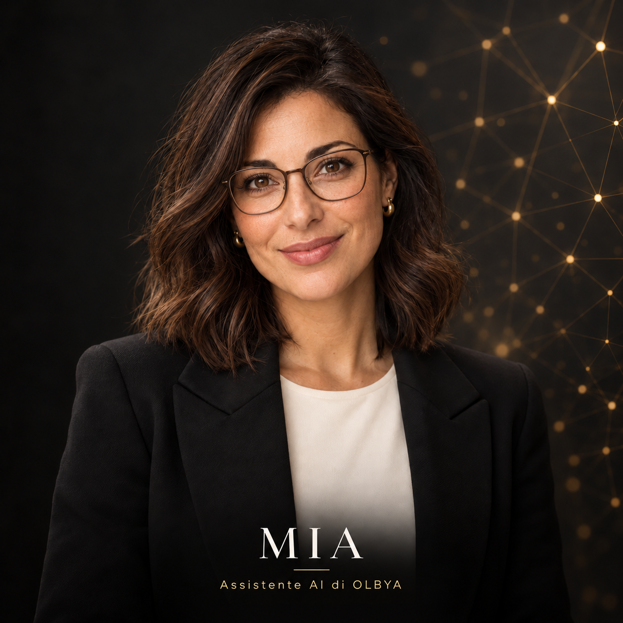 Mia, assistente digitale di OLBYA, con occhiali